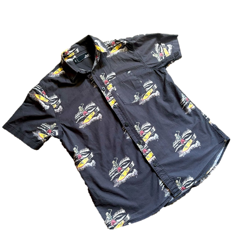 Lost Black Shirt with Colorful Graphic skeleton, surfer Design